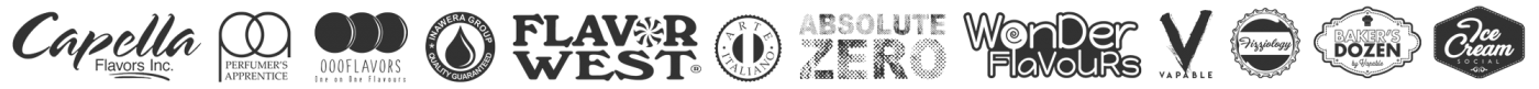 Capella, TFA, OoO, Inawera, Flavor West, Arte Italiano, Absolute Zero, Wonder Flavours, Vapable, Fizziology, Bakers Dozen and Ice Cream Social flavour concentrate